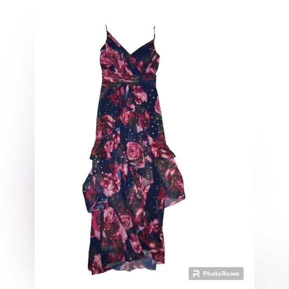 Xscape Rose Floral High Low Assymetrical Ruffle Gown Size 8 - Picture 3 of 4